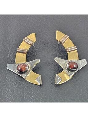 Vintage Mixed Metal Modernist Earrings – Sterling, Brass & Copper – Red Jasper